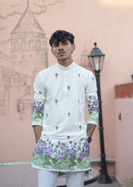 WHITE PURPLE LOTUS HEAVY FLORAL EMBROIDERED KURTA WITH PAJAMA