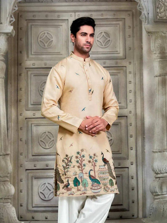 BEIGE TREE N PEACOCK DAMAN PRINTED WORK KURTA PAJAMA SET FOR MEN'S