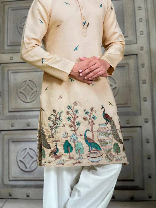BEIGE TREE N PEACOCK DAMAN PRINTED WORK KURTA PAJAMA SET FOR MEN'S