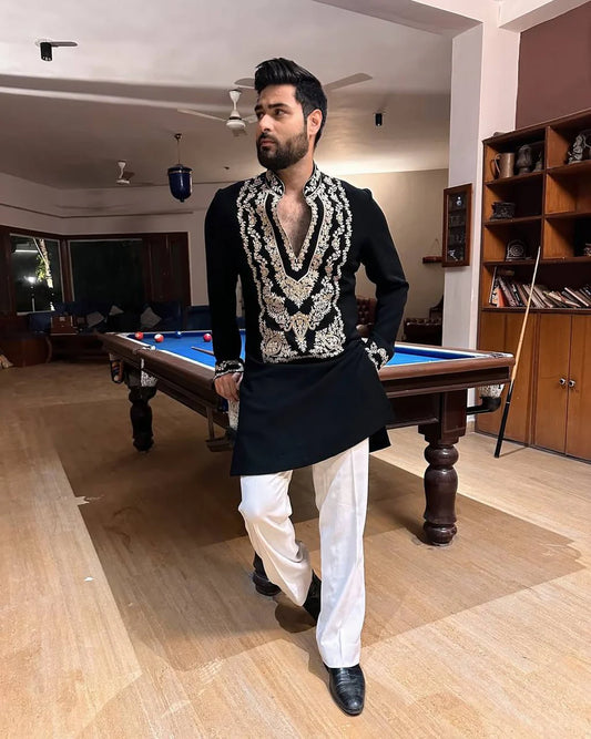 BLACK STYLISH NECK PATTERN EMBROIDERED WORK KURTA WITH PAJAMA FOR MENS