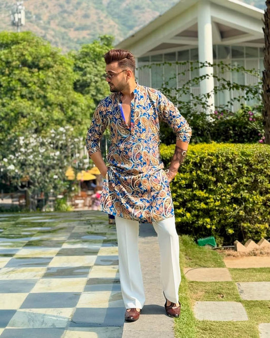 JAIPUR BLUE PRINTED KURTA PAJAMA SET FOR MEN'S
