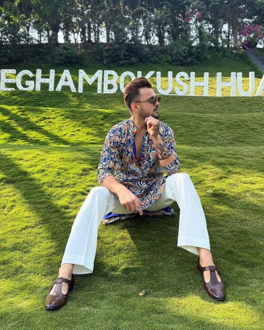 JAIPUR BLUE PRINTED KURTA PAJAMA SET FOR MEN'S