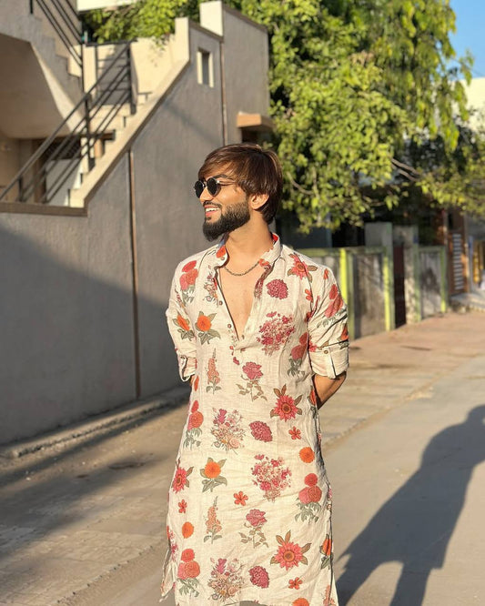 IVORY ROSE PRINTED KURTA PAJAMA SET FOR MEN'S