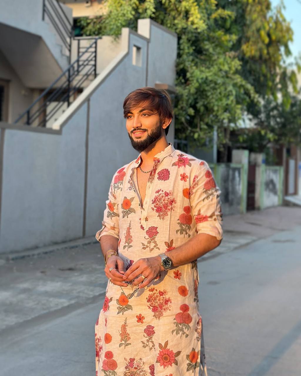 IVORY ROSE PRINTED KURTA PAJAMA SET FOR MEN'S