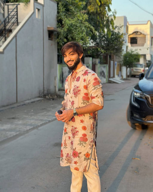 IVORY ROSE PRINTED KURTA PAJAMA SET FOR MEN'S