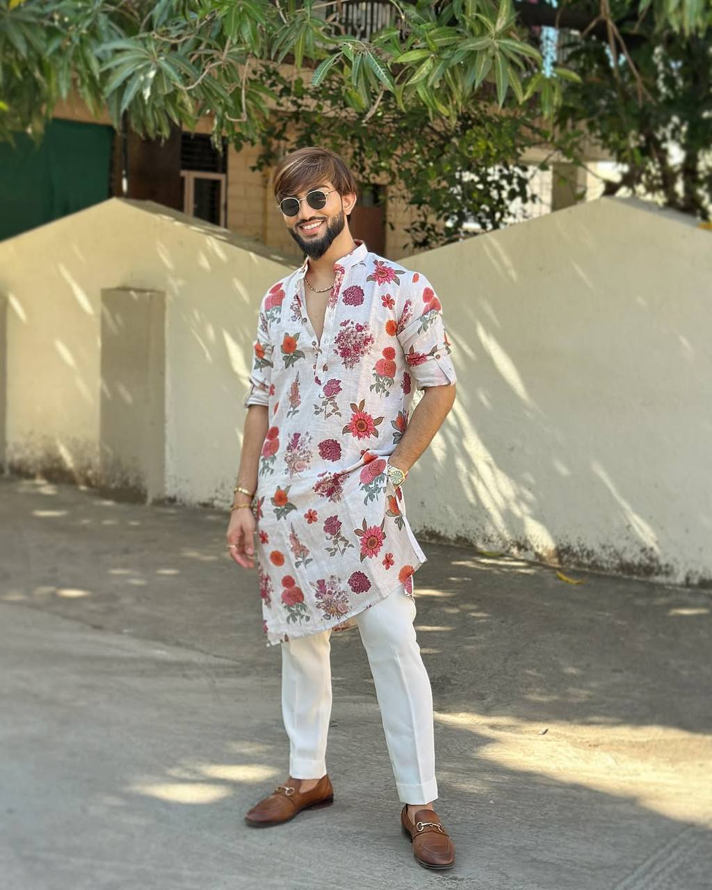 IVORY ROSE PRINTED KURTA PAJAMA SET FOR MEN'S