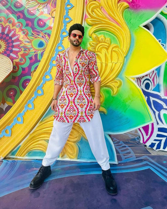 RED AND WHITE PRINTED KURTA PAJAMA SET FOR MEN'S