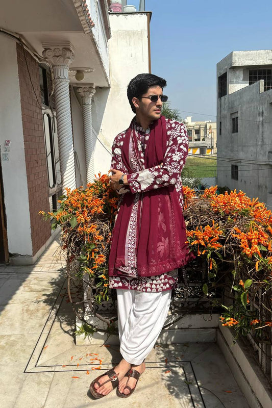 MARRON KURTA WITH WHITE THREAD WORK