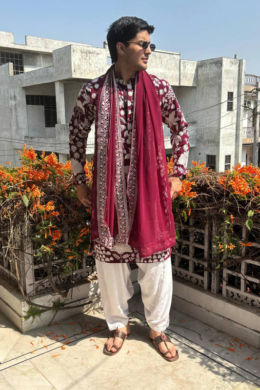 MARRON KURTA WITH WHITE THREAD WORK