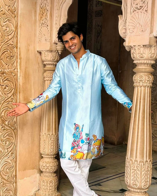 SKY BLUE KRISHNA WITH COW PRINT KURTA PAJAMA