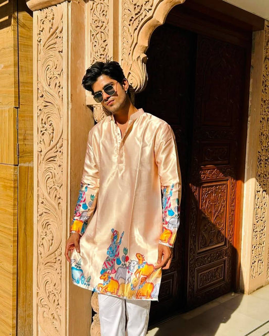 LIGHT BEIGE KRISHNA WITH COW PRINT KURTA PAJAMA