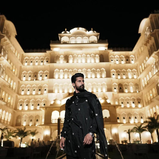 BLACK AND WHITE THERD WORK KURTA PAJMA AND DUPATTA SET FOR MEN"S