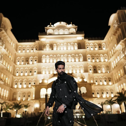 BLACK AND WHITE THERD WORK KURTA PAJMA AND DUPATTA SET FOR MEN"S