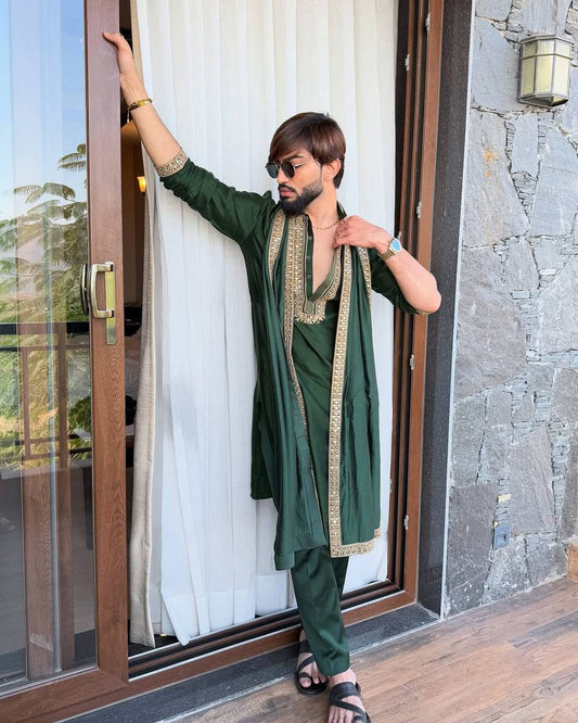 REGAL GREEN SILK EMBRODRED KURTA WITH DUPATTA SET