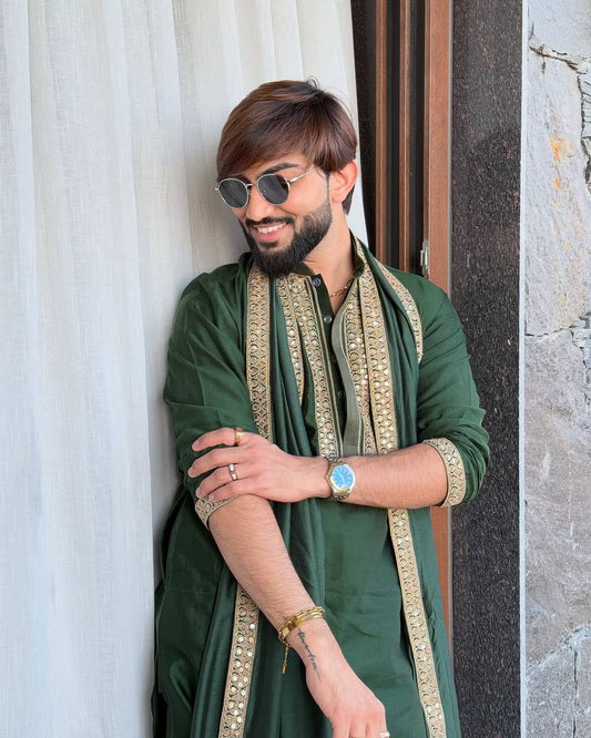 REGAL GREEN SILK EMBRODRED KURTA WITH DUPATTA SET