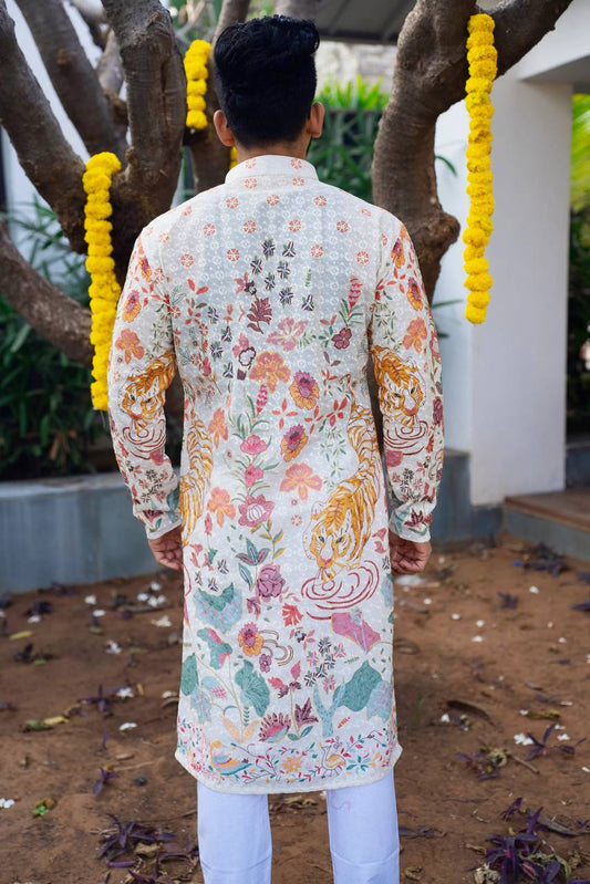 WHITE FLORAL PRINTED AND SEQUINS WORK KURTA WITH PAJAMA SET FOR MEN
