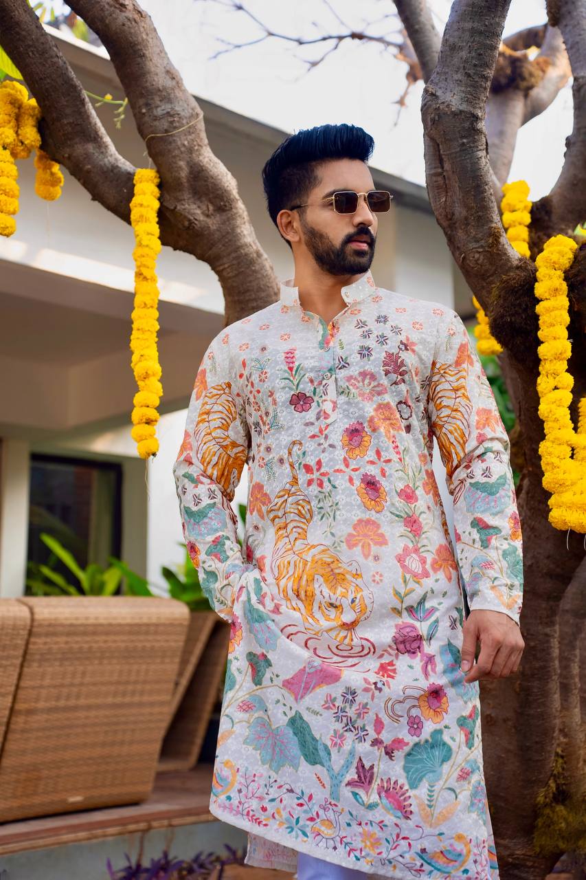 WHITE FLORAL PRINTED AND SEQUINS WORK KURTA WITH PAJAMA SET FOR MEN