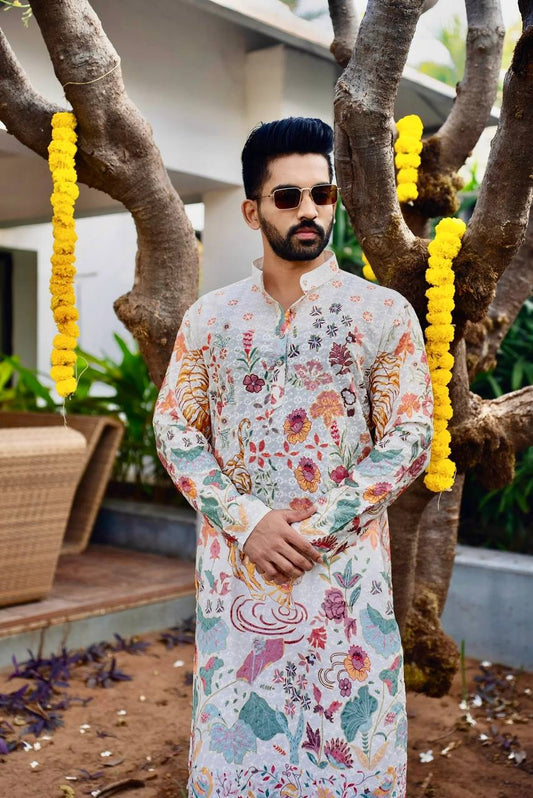 WHITE FLORAL PRINTED AND SEQUINS WORK KURTA WITH PAJAMA SET FOR MEN