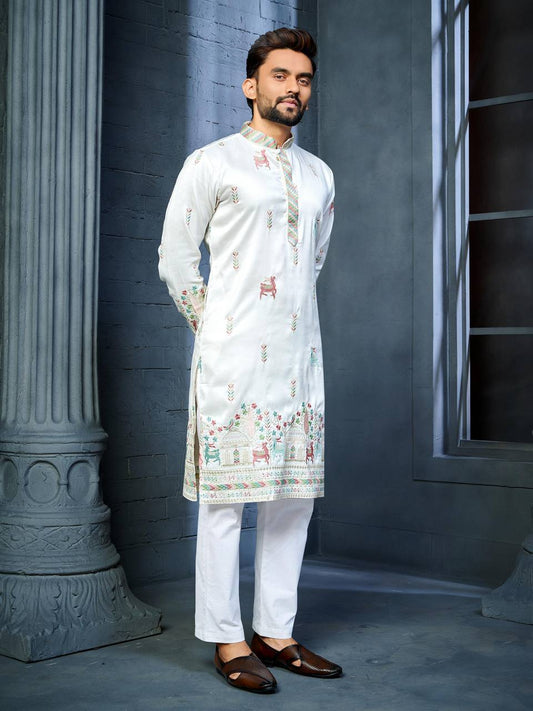WHITE MULTI THREAD EMBROIDERY DEER PATTERN DAAMAN CONCEPT KURTA