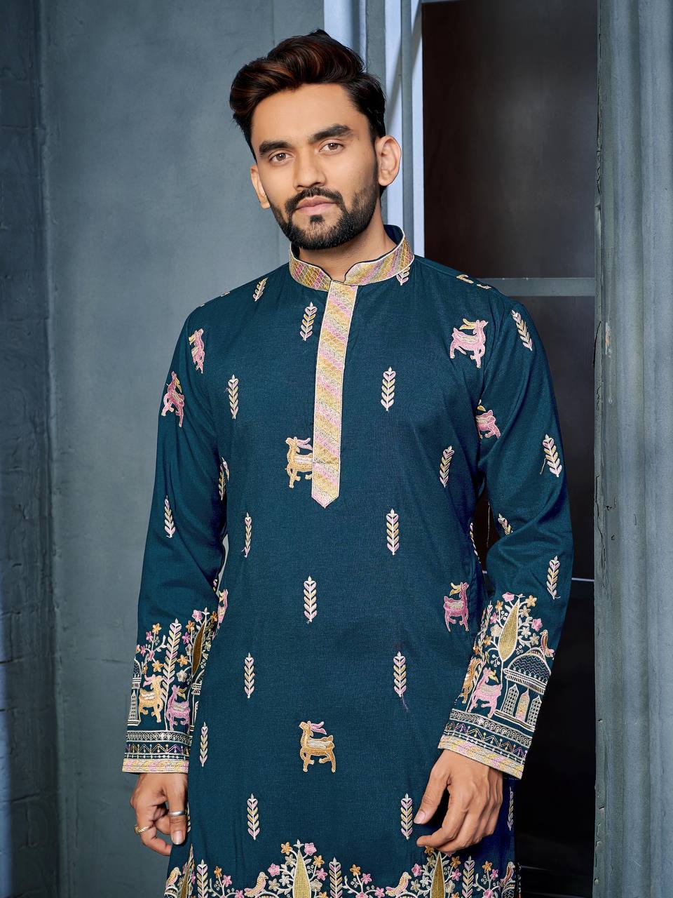 RAMA BLUE MULTI THREAD EMBROIDERY DEER PATTERN DAAMAN CONCEPT KURTA
