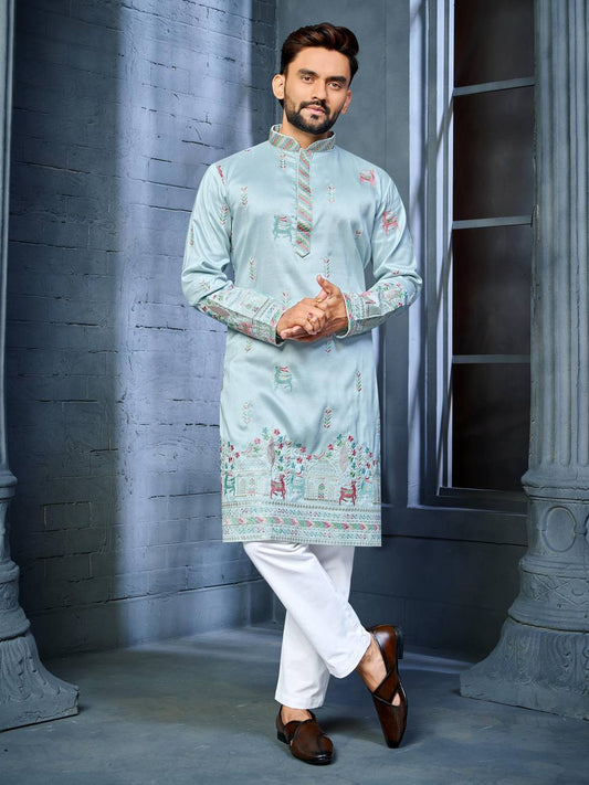 SKY BLUE MULTI THREAD EMBROIDERY DEER PATTERN DAAMAN CONCEPT KURTA