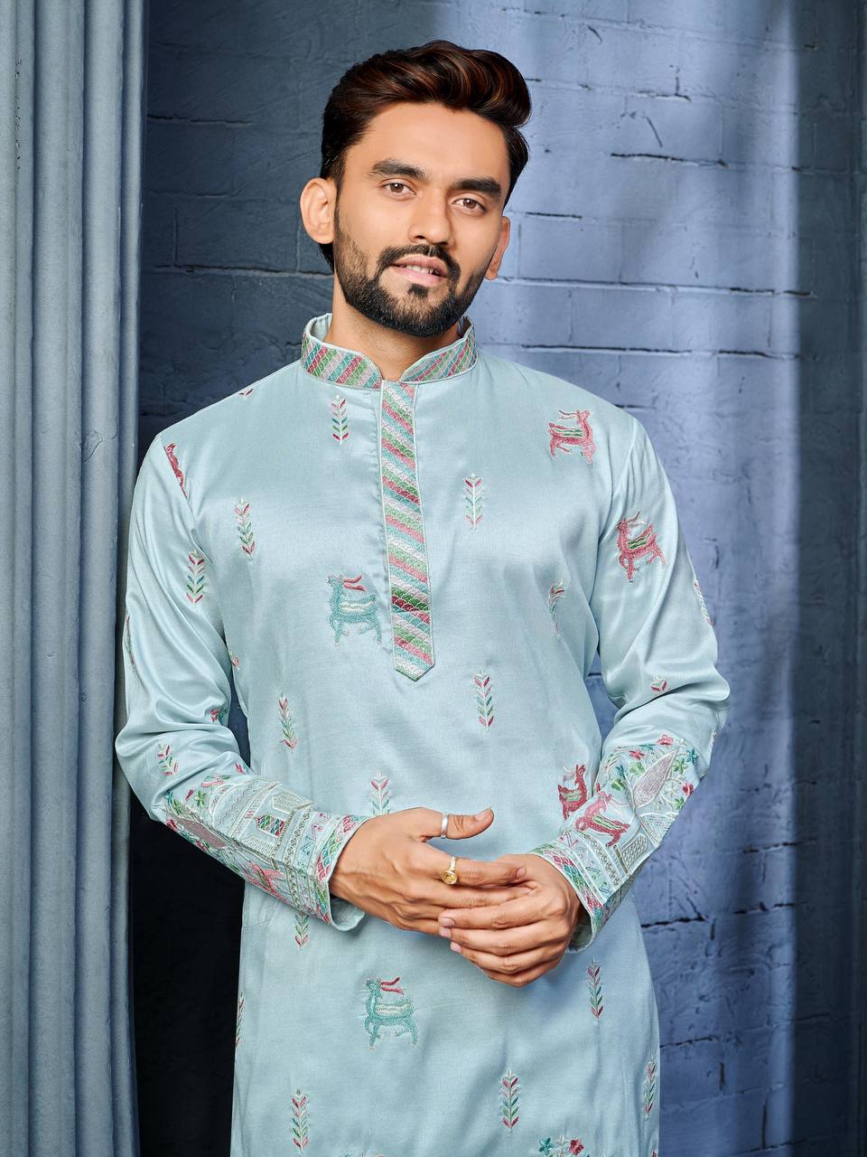 SKY BLUE MULTI THREAD EMBROIDERY DEER PATTERN DAAMAN CONCEPT KURTA