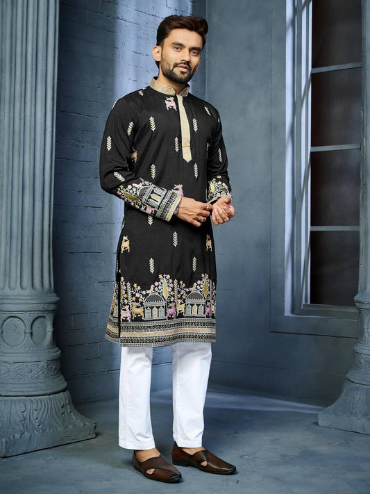 BLACK MULTI THREAD EMBROIDERY DEER PATTERN DAAMAN CONCEPT KURTA