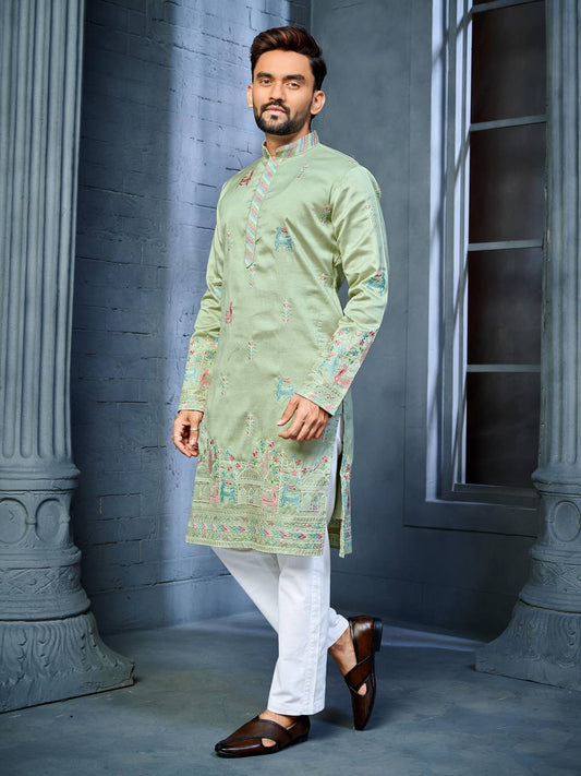 PISTA GREEN MULTI THREAD EMBROIDERY DEER PATTERN DAAMAN CONCEPT KURTA