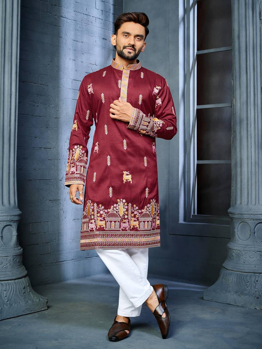 RED MULTI THREAD EMBROIDERY DEER PATTERN DAAMAN CONCEPT KURTA
