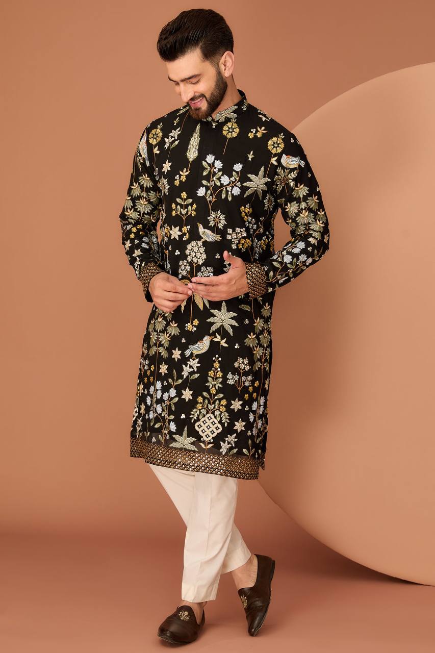 Men's Georgette Persian Embroidered BLACK & Multi Long Kurta