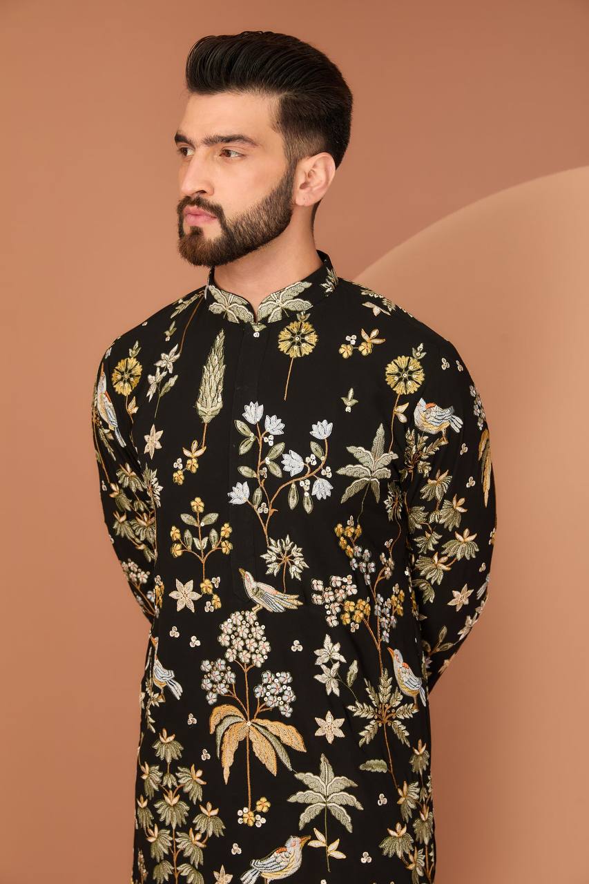 Men's Georgette Persian Embroidered BLACK & Multi Long Kurta