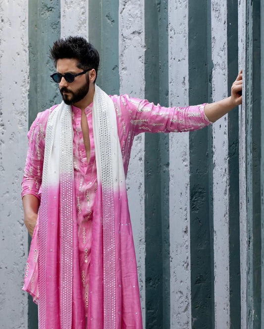 Pink Mirror Work Kurta pajama and dupatta set For Men