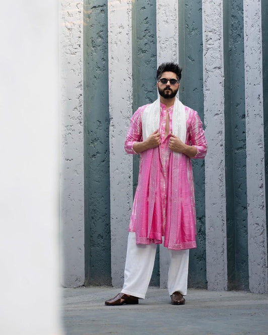 Pink Mirror Work Kurta pajama and dupatta set For Men