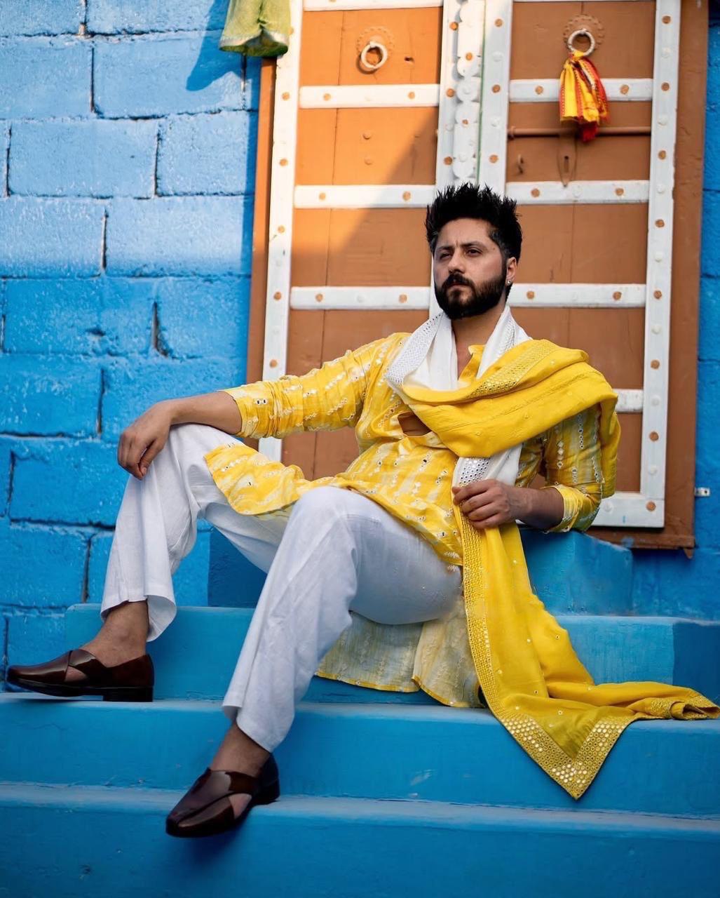 Yellow Mirror Work Kurta pajama and dupatta set For Men