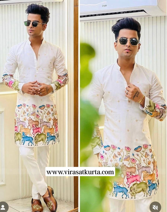 WHITE COW N BUTTI EMBRODERD WORK KURTA SET