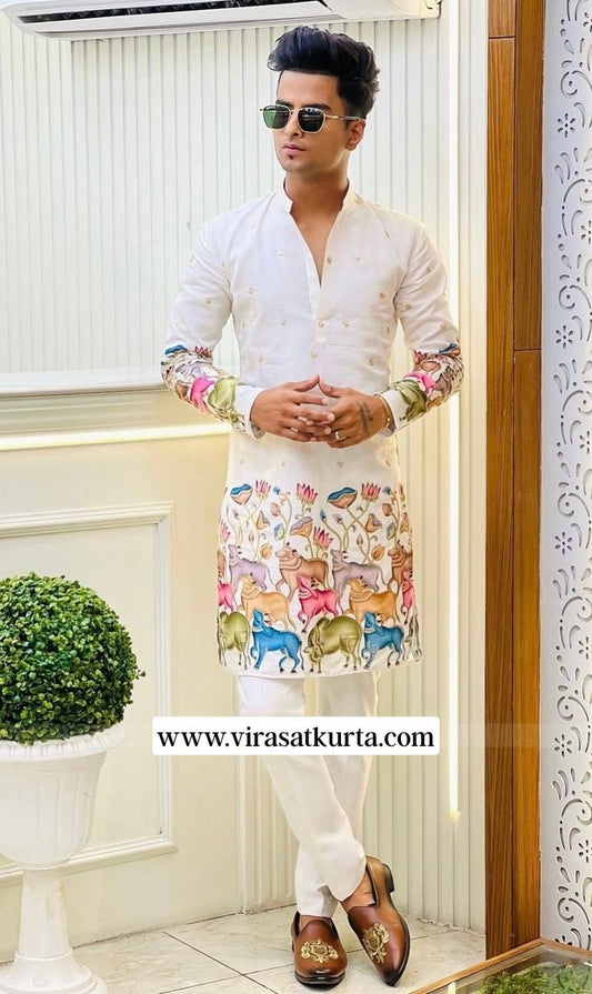 WHITE COW N BUTTI EMBRODERD WORK KURTA SET
