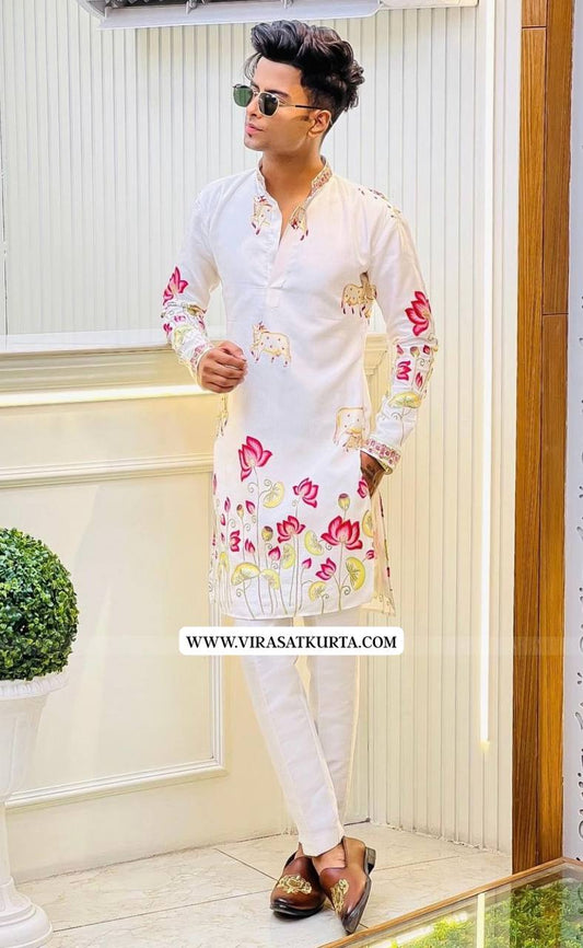 WHITE COW WITH LOTUS PRINTED KURTA SET