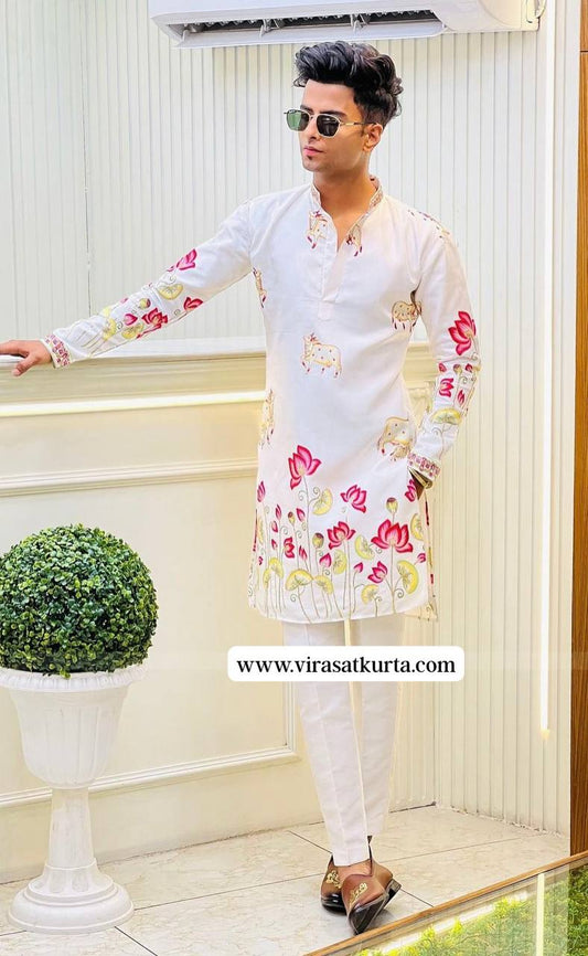 WHITE COW WITH LOTUS PRINTED KURTA SET