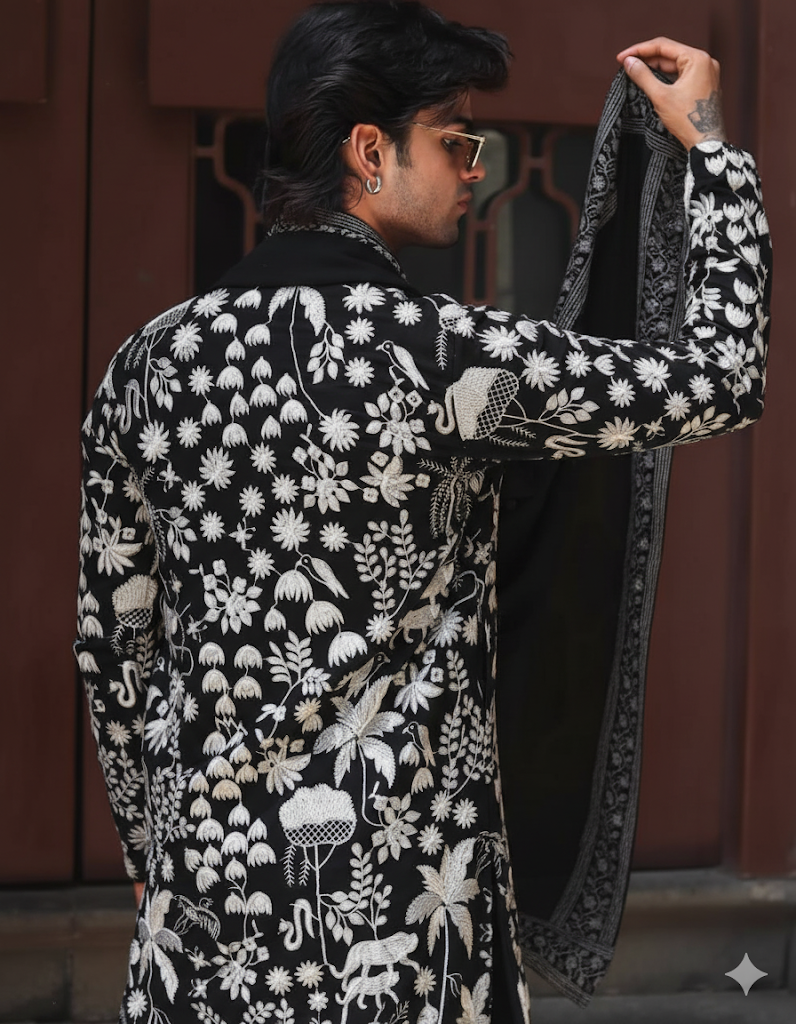 Floral Embroidered Mandarin Collar Zari Kurta With Patiala & Dupatta