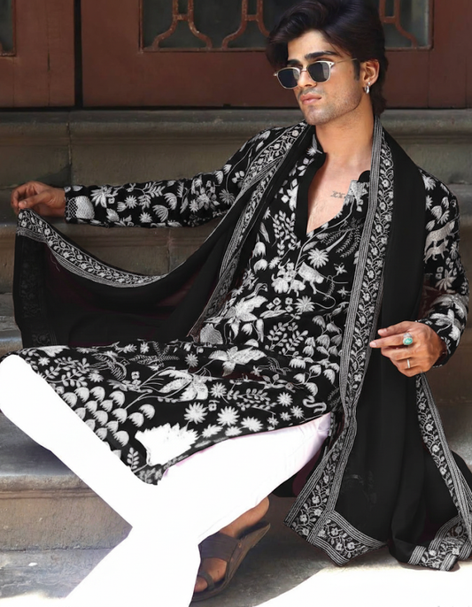 Floral Embroidered Mandarin Collar Zari Kurta With Patiala & Dupatta