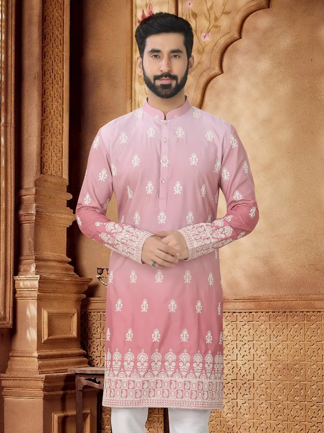 PINK COTTTON EMBROIDERY FLORAL THREAD SHADED KURTA PAJAMA SRT FOR MEN'S