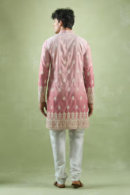 PINK COTTTON EMBROIDERY FLORAL THREAD SHADED KURTA PAJAMA SRT FOR MEN'S
