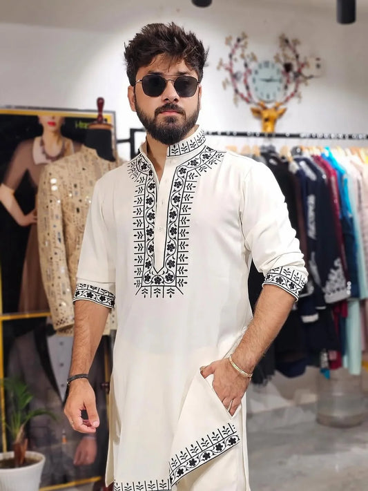 WHITE KURTA WITH BLACK THERD EMBROIDERED WORK KURTA PAJAMA SET