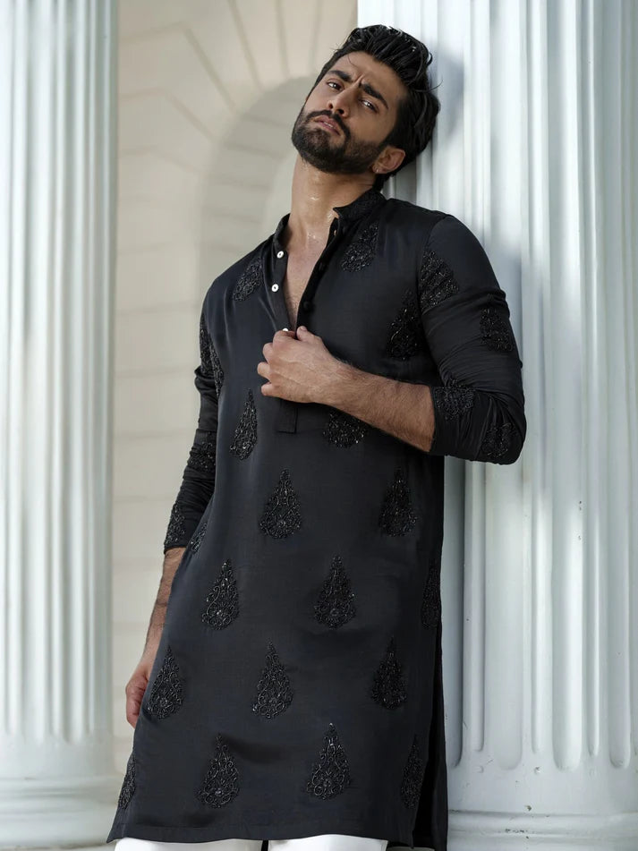 BLACK HEND WORK MOTIF EMBROIDERED KURTA WITH PAJAMA