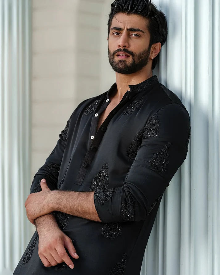 BLACK HEND WORK MOTIF EMBROIDERED KURTA WITH PAJAMA