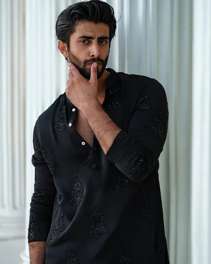 BLACK HEND WORK MOTIF EMBROIDERED KURTA WITH PAJAMA