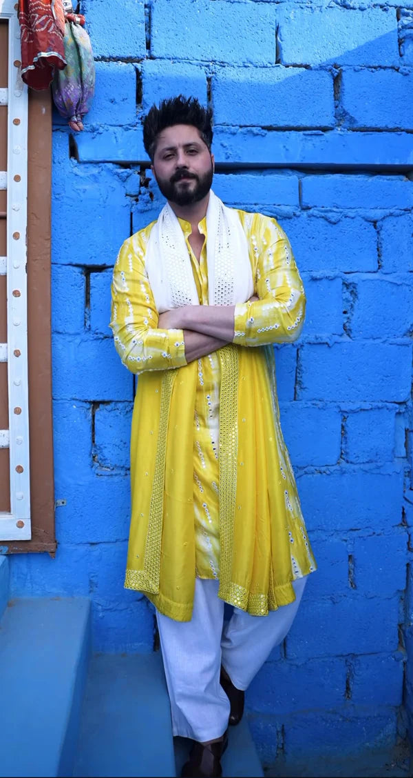 Yellow Mirror Work Kurta pajama and dupatta set For Men