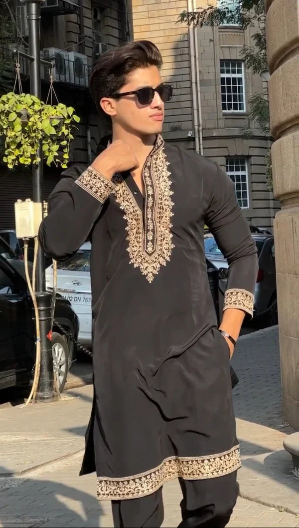 Royal Black Embroidered Kurta