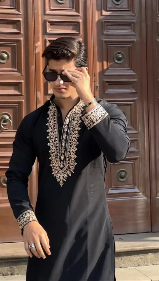 Royal Black Embroidered Kurta