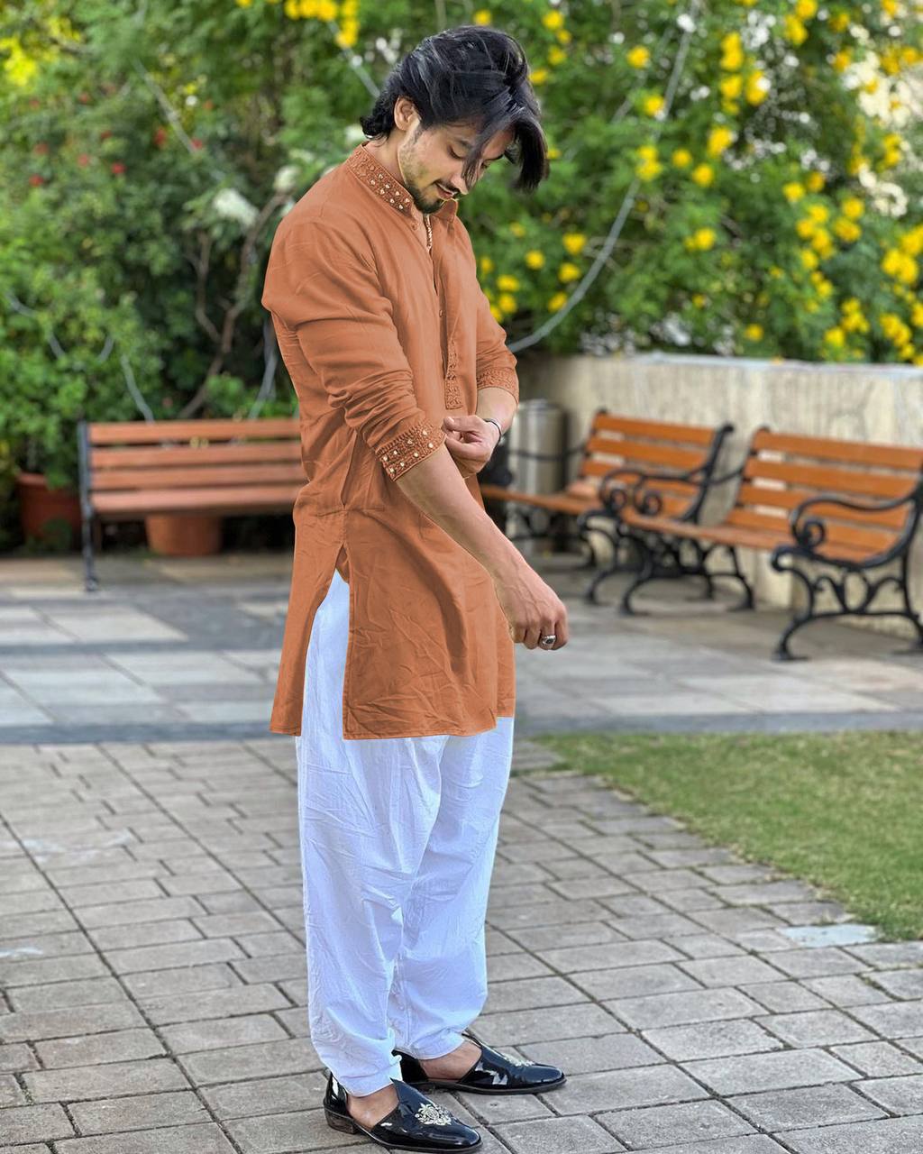 FAISU BROWN MIRROR EMBROIDERY KURTA AND PAJAMA
